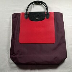 Longchamp Cabas Re-Play Recycled Canvas & Leather Two-Tone Tote Burgundy & Red